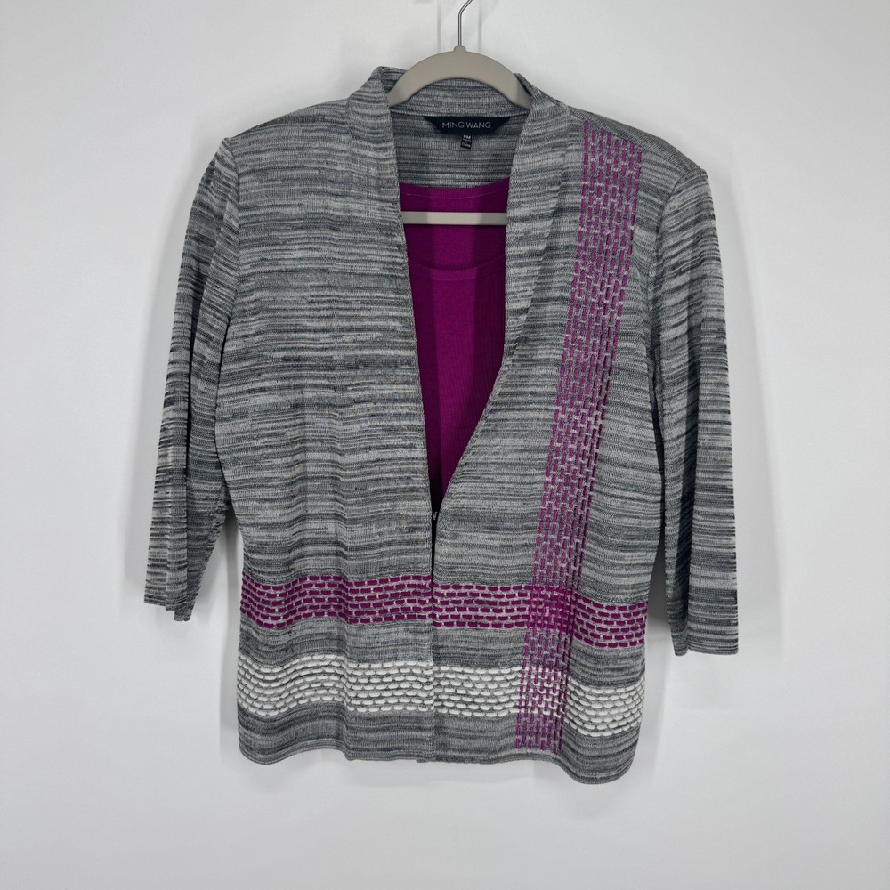 Ming Wang Women's PM Cardigan Jacket Tank Top Set Gray Fuchsia Office